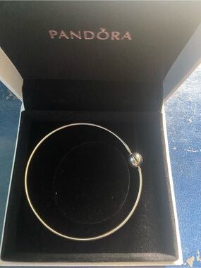 Pandora Silver Tone Bangle Bracelet with Bead Clasp